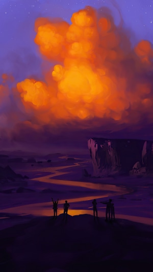 Digital art of a surreal landscape with people
