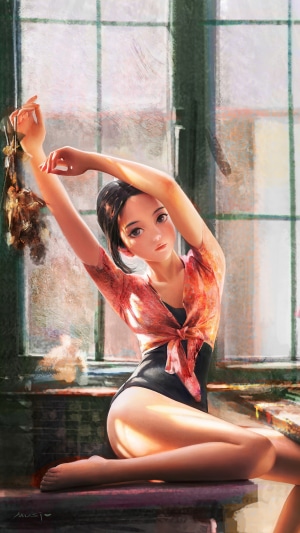 Anime girl in leotard and tied shirt by window