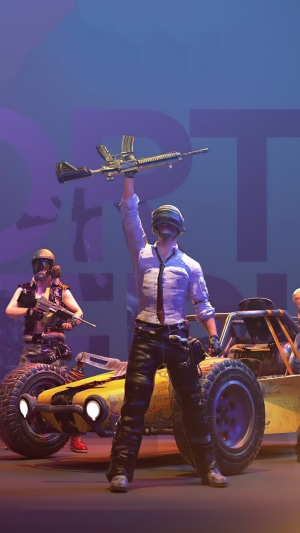 PUBG characters with guns and vehicle