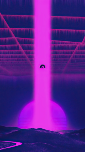 Person in a neon beam with a large purple sun