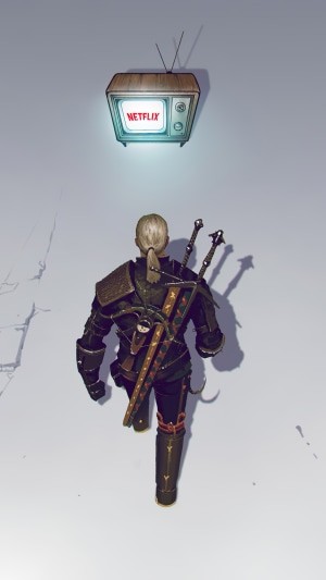 Geralt of Rivia from The Witcher watching Netflix on TV