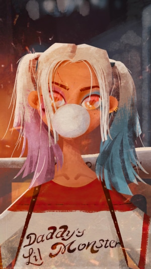 Harley Quinn artwork with bubble gum