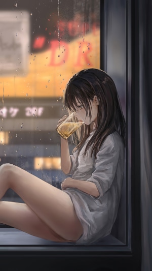 Anime girl drinking from a glass by the window
