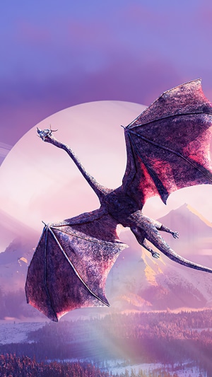 Dragon flying over mountains and forest