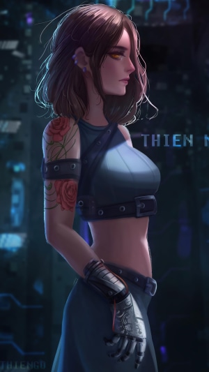 Anime girl with tattoos and cybernetic arm