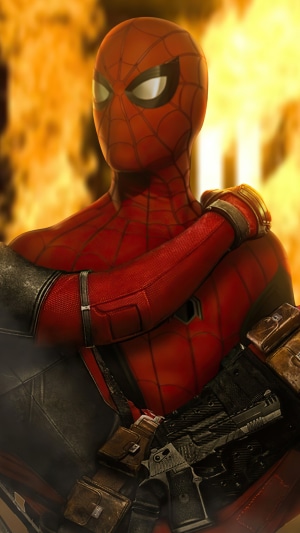 Spider-Man and Deadpool with guns and fire
