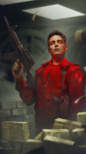 Man in Red Jumpsuit from Money Heist holding a rifle
