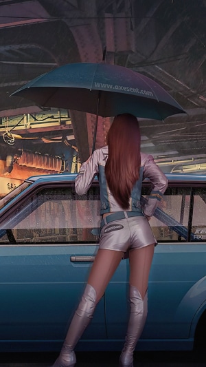 Woman with umbrella by a car