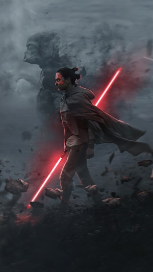 Rey from Star Wars with Darth Vader apparition