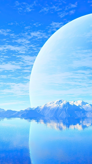Minimalist digital art of a planet over icy mountains and sea