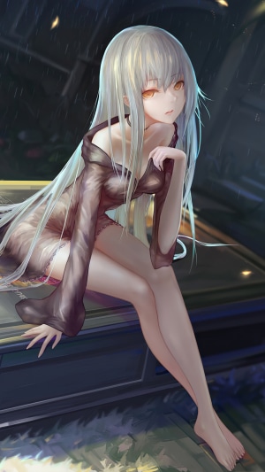 Anime girl with long white hair and orange eyes