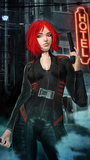 Cyberpunk woman with red hair holding a gun