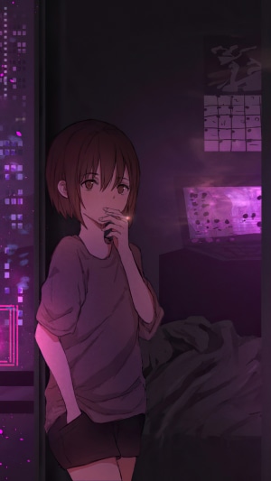 Anime girl smoking in a neon city