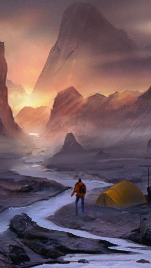 Digital art of a person camping in a mountain valley at sunset