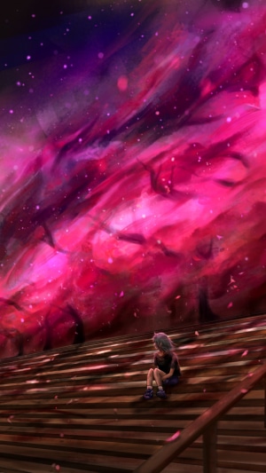 Anime artwork of a lone figure on stairs under a nebula