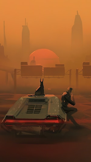 Cyberpunk artwork of a man smoking with a dog on a vehicle