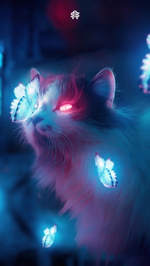 Cyberpunk cat with glowing eyes and butterflies