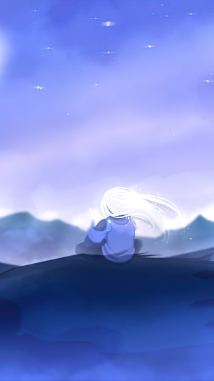 Artwork of a person with white hair sitting on a hill