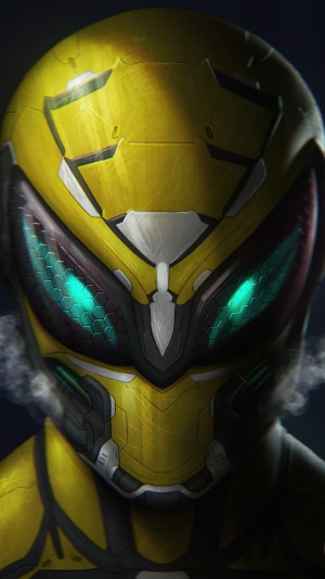 Yellow armored character with glowing eyes