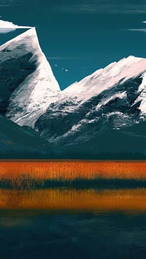 Digital art of snowy mountains and a field