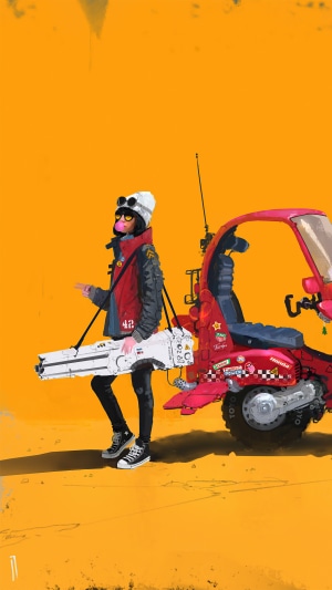 Girl with a large weapon and a scooter