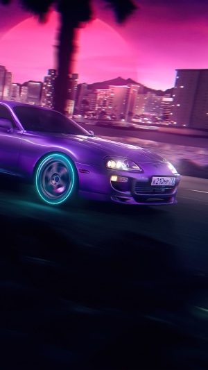 Purple Toyota Supra on a Synthwave City Road