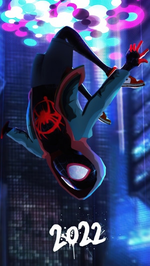 Spider-Man from Spider-Verse hanging upside down