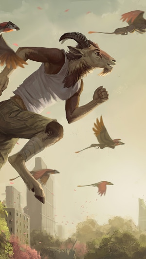Anthropomorphic goat running with birds in city