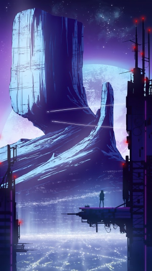 Cyberpunk Cityscape with Giant Rock Formation