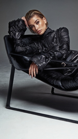 Hailey Baldwin in black leather outfit