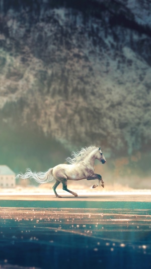 White horse running in a snowy landscape