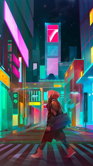 Person walking through a neon cyberpunk city at night