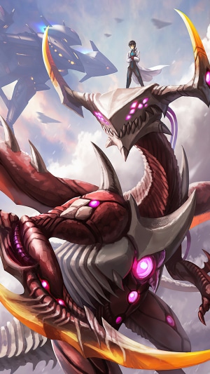 A scientist stands on a giant alien creature with spaceships in the background