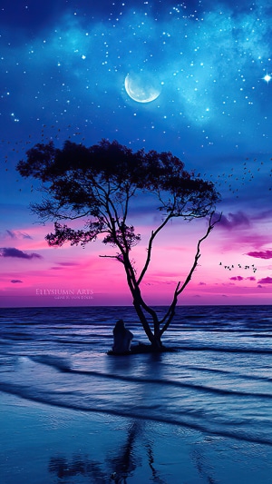 Digital art of a lone figure under a tree at sunset