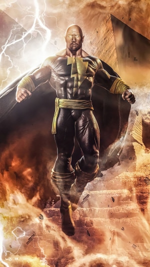 Black Adam flying with lightning and pyramids