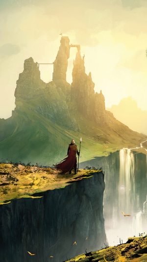 Fantasy warrior with spear overlooking a castle and waterfall