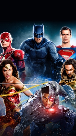 Justice League movie poster with Batman, Superman, Wonder Woman, Aquaman, Flash, and Cyborg