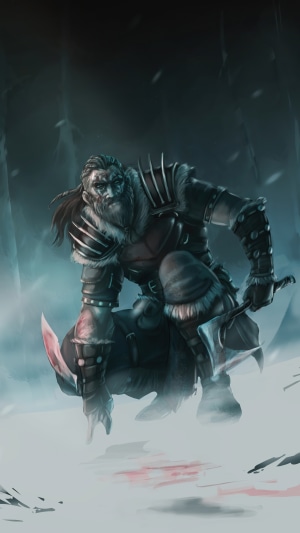Warrior with axes in the snow