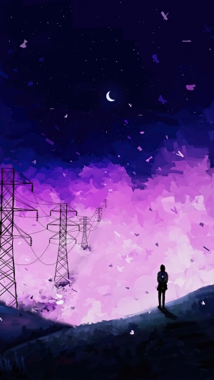 Digital art of a person looking at power lines under a starry sky