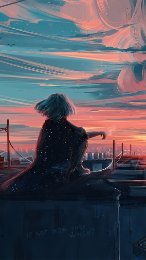 Girl on rooftop watching sunset