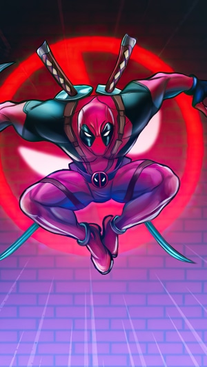 Deadpool in action with swords and a red symbol