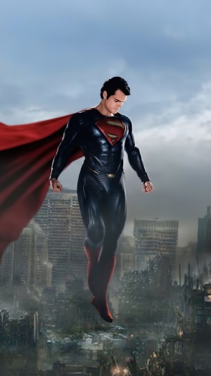 Superman flying over a destroyed city