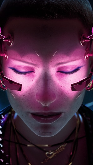 Cyberpunk 2077 character with cybernetic implants