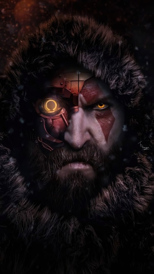 Kratos from God of War with Cyberpunk elements