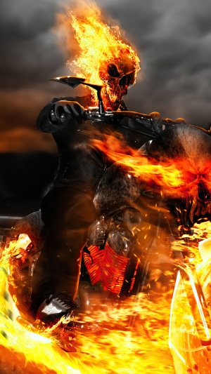 Ghost Rider on a motorcycle engulfed in flames