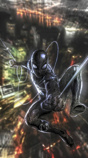 Spider-Man in black suit swinging through city at night 4K