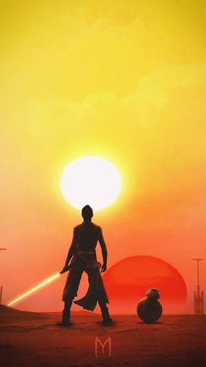 Rey and BB-8 from Star Wars on Tatooine