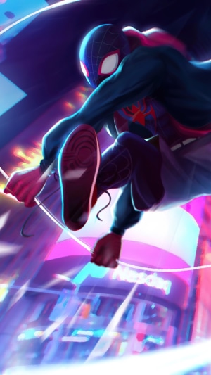 Miles Morales Spider-Man swinging in city
