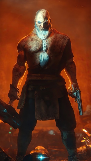 Viking warrior with beard holding gun and axe