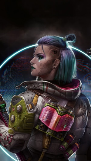 Cyberpunk woman with teal hair and cybernetic implants